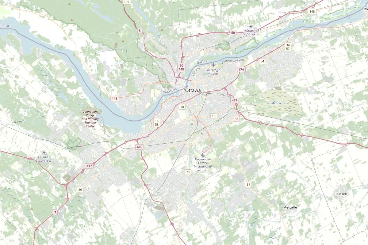 Map of Ottawa-Gatineau marking the seven communities QUE Media serves