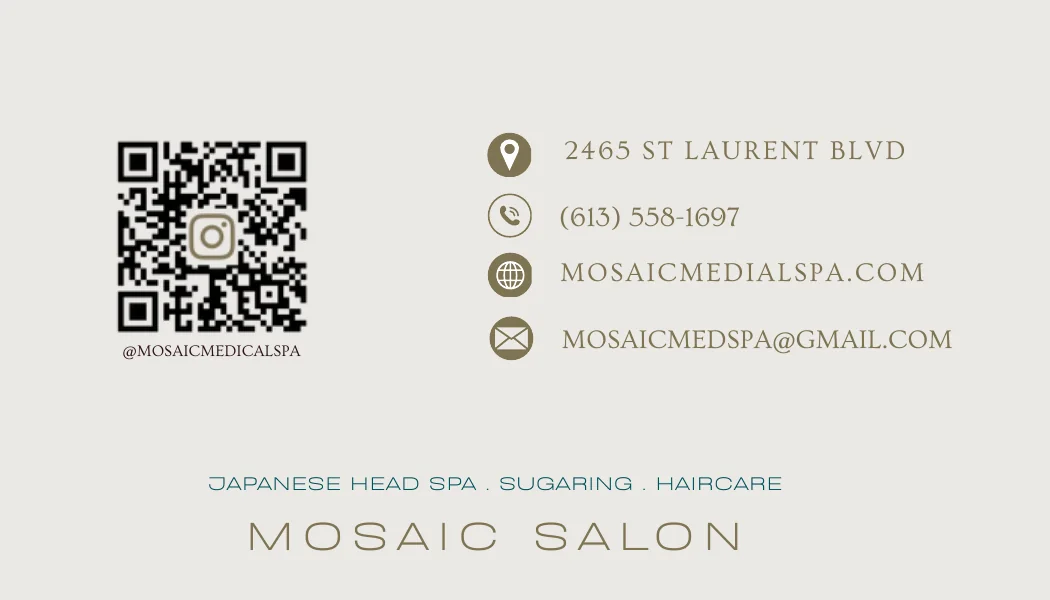 Mosaic Salon business card back with contact details and QR code, teal and white colorway