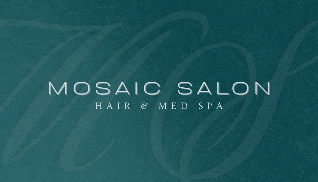 Mosaic Salon business card front, teal and white colorway