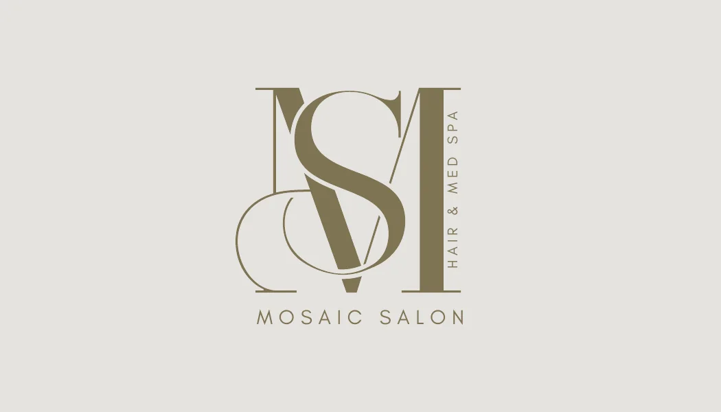 Mosaic Salon monogram logo lockup, reversed on a cream background