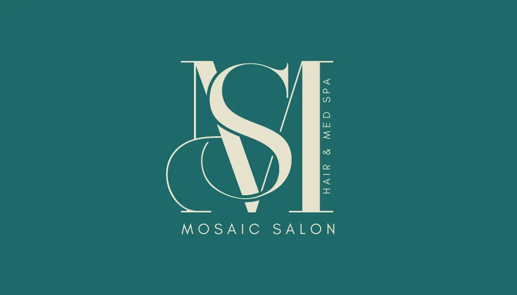Mosaic Salon monogram logo lockup on a teal background