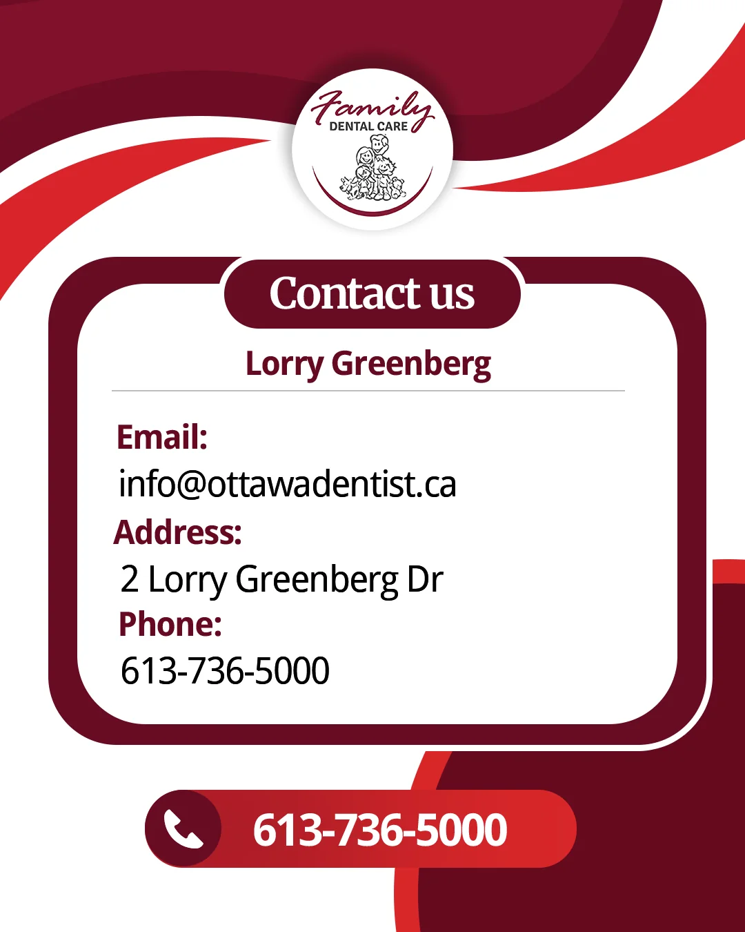 Family Dental Care contact info graphic for the Lorry Greenberg location