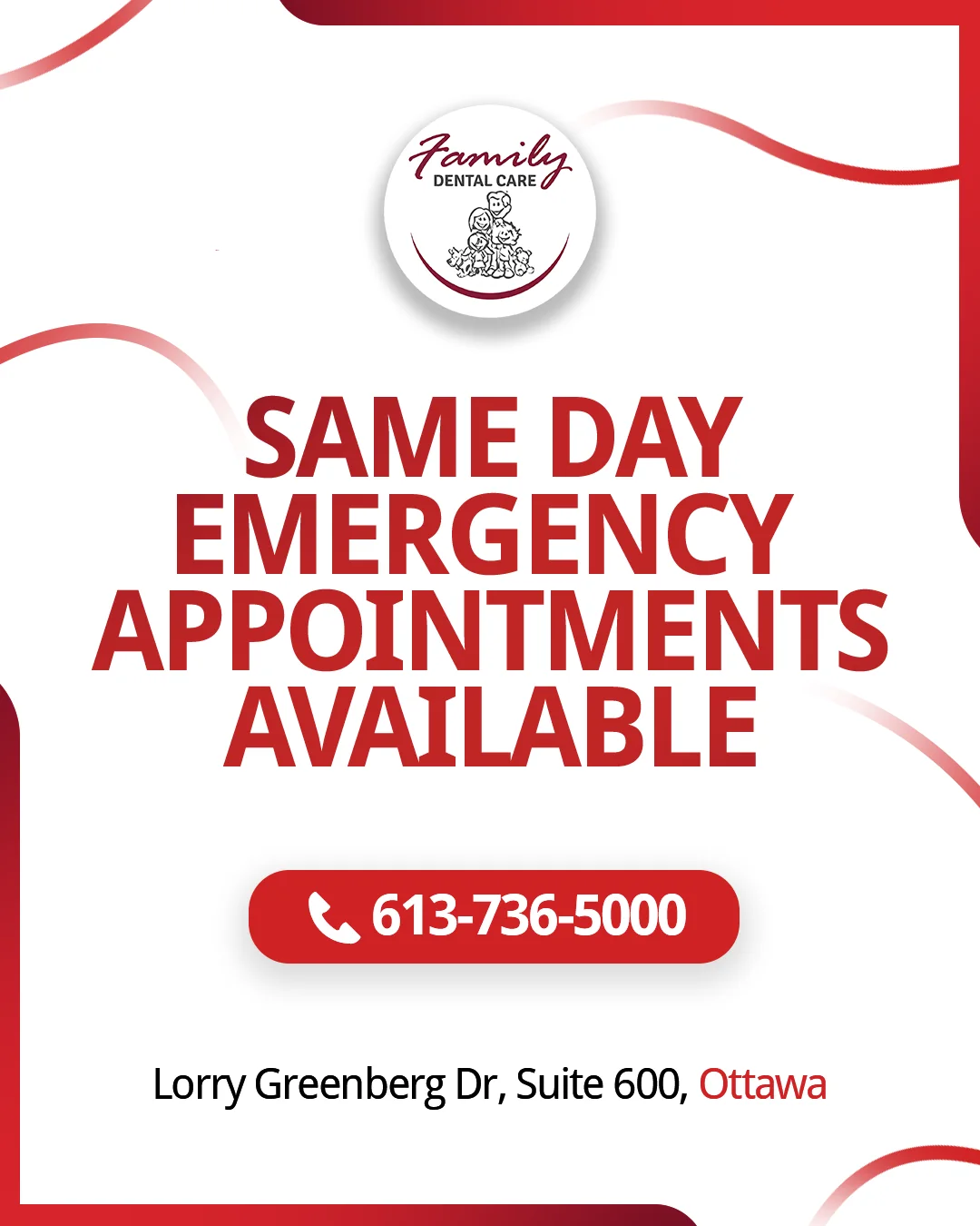 Family Dental Care graphic promoting same day emergency appointments