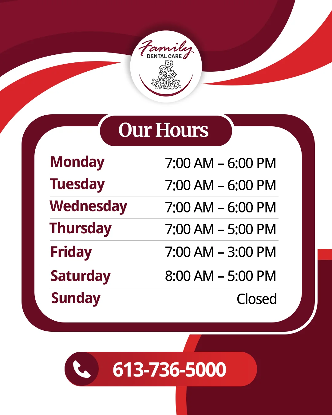 Family Dental Care Instagram graphic listing weekly clinic hours