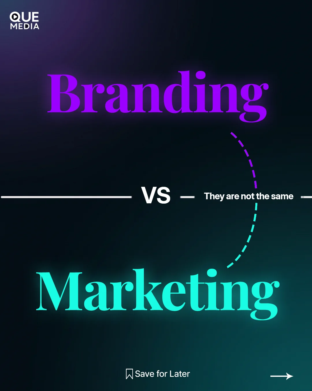 QUE Media Instagram carousel cover slide: branding versus marketing