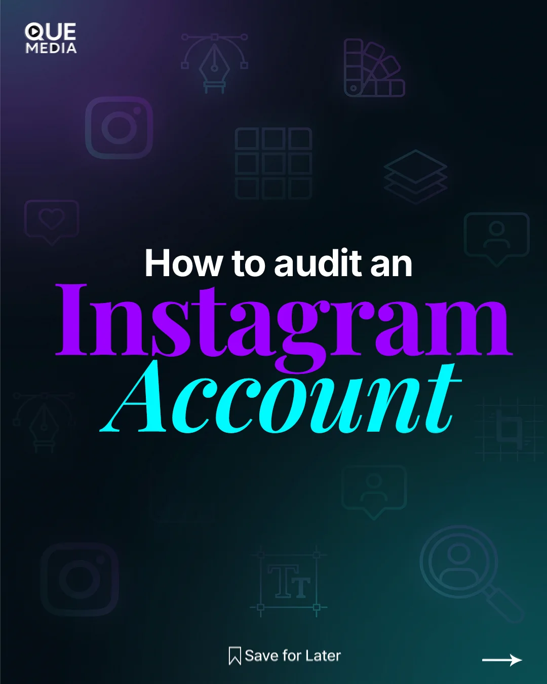 QUE Media Instagram carousel cover slide: how to audit an Instagram account