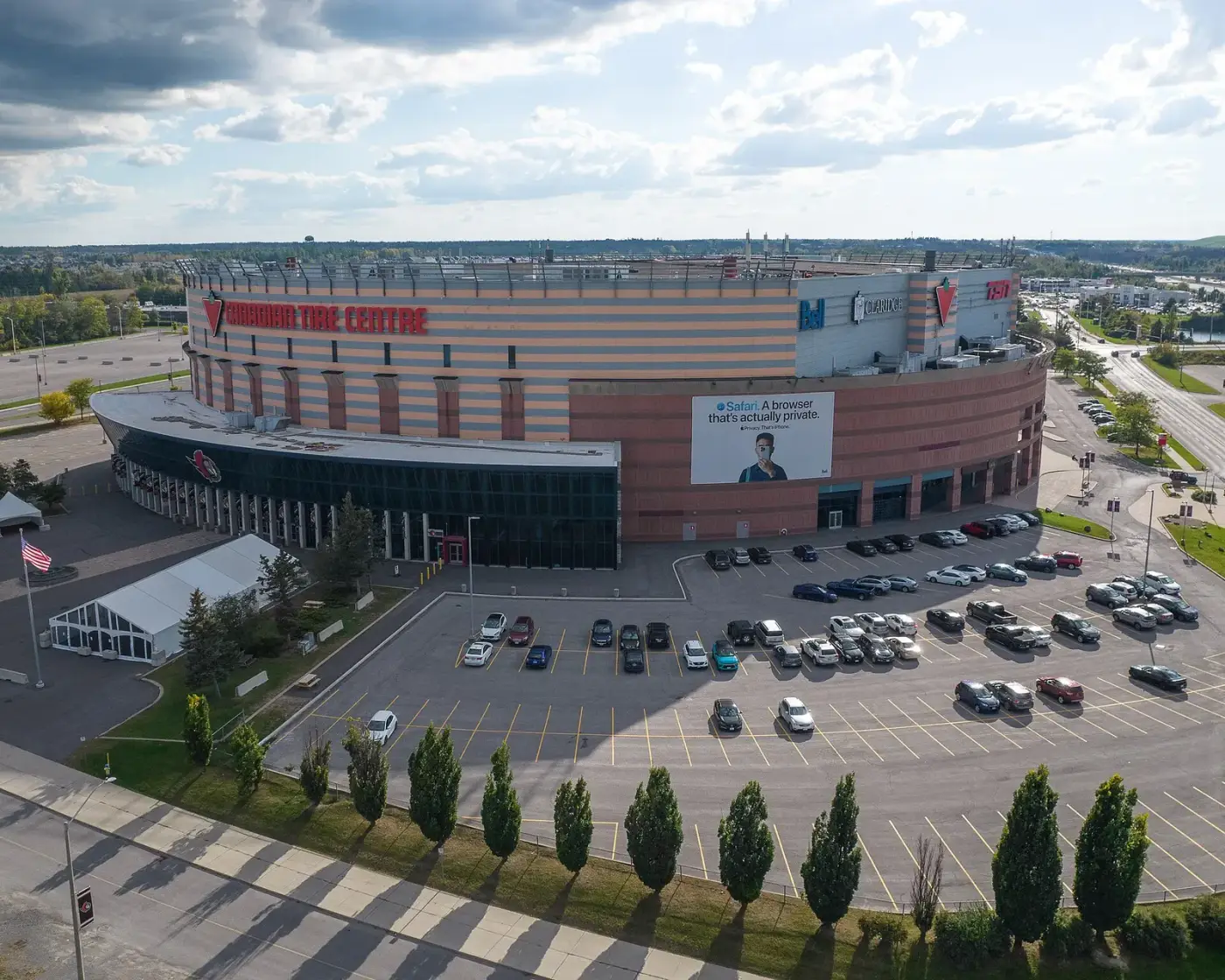 Aerial view of the Canadian Tire Centre and its parking lots